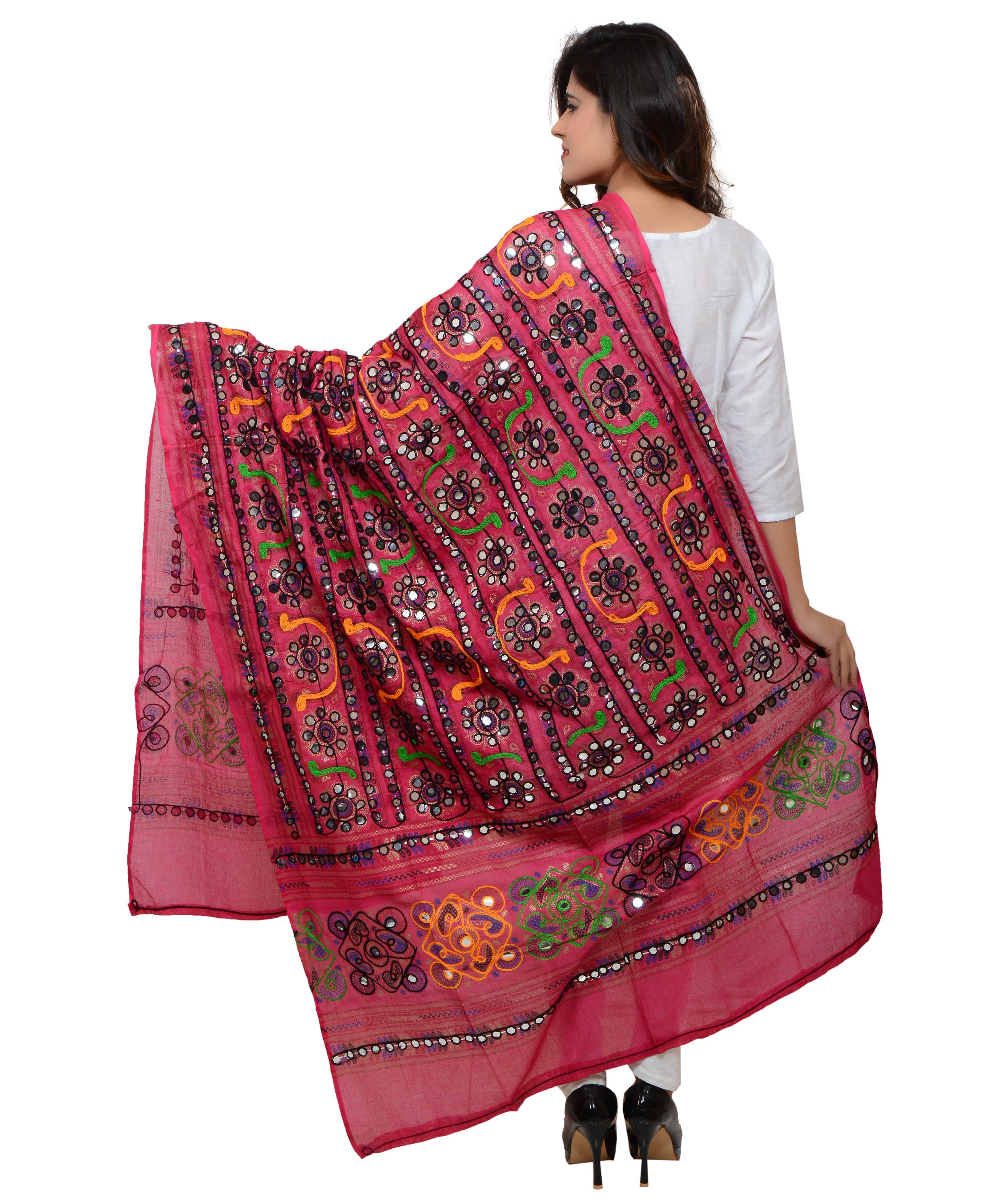 Banjara India Women's Pure Cotton Aari Embroidery & Foil Mirrors Dupatta (Bharchak VIP) Pink - VIP09 - Banjara India