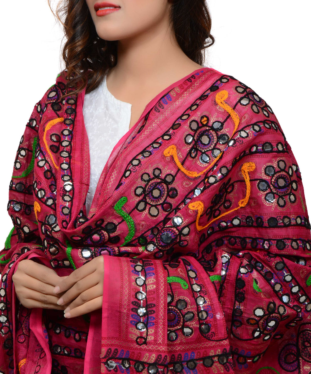 Banjara India Women's Pure Cotton Aari Embroidery & Foil Mirrors Dupatta (Bharchak VIP) Pink - VIP09 - Banjara India