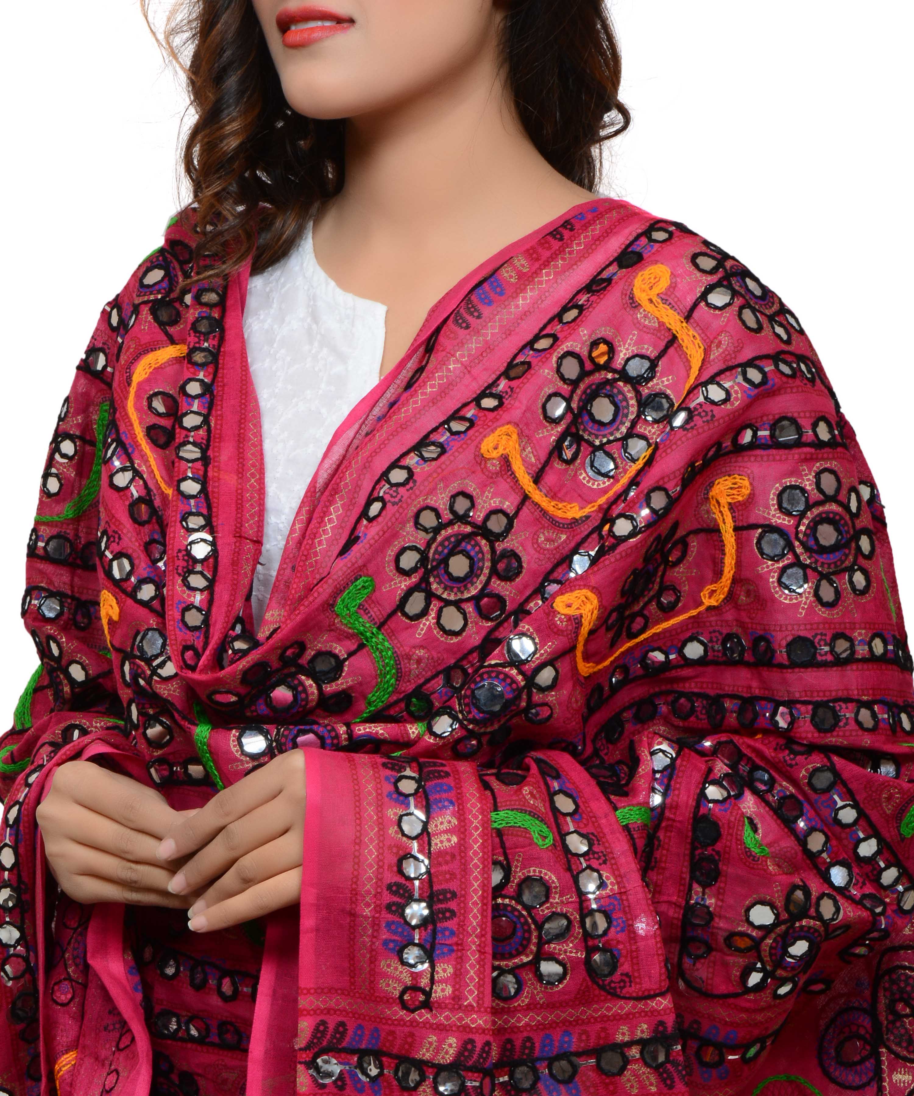 Banjara India Women's Pure Cotton Aari Embroidery & Foil Mirrors Dupatta (Bharchak VIP) Pink - VIP09 - Banjara India