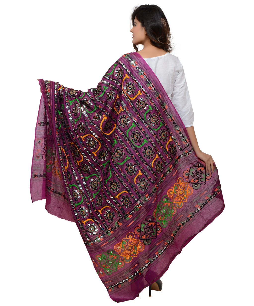 Banjara India Women's Pure Cotton Aari Embroidery & Foil Mirrors Dupatta (Bharchak VIP) Magenta Violet - VIP10 - Banjara India