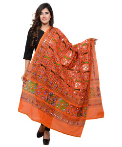 Banjara India Women's Pure Cotton Aari Embroidery & Foil Mirrors Dupatta (Bharchak VIP) Tangy Orange - VIP11 - Banjara India