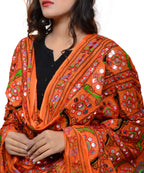 Banjara India Women's Pure Cotton Aari Embroidery & Foil Mirrors Dupatta (Bharchak VIP) Tangy Orange - VIP11 - Banjara India