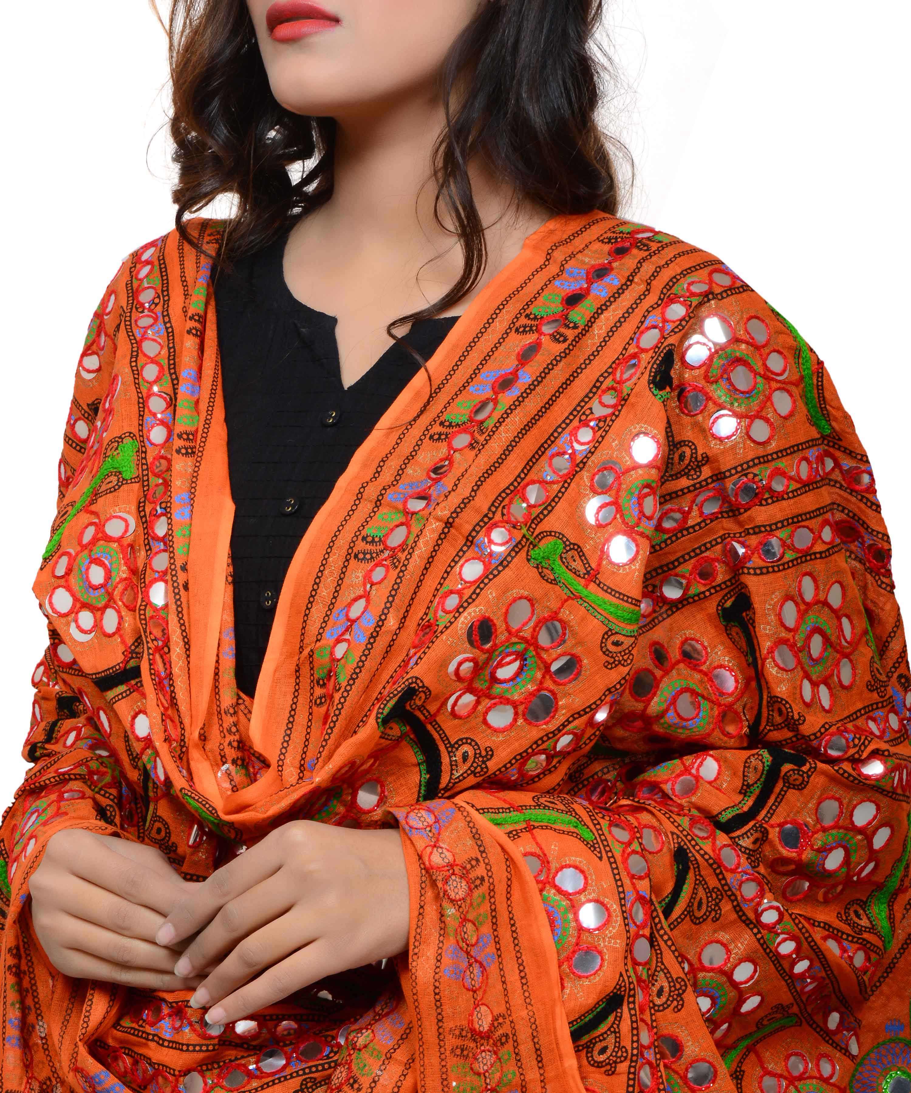 Banjara India Women's Pure Cotton Aari Embroidery & Foil Mirrors Dupatta (Bharchak VIP) Tangy Orange - VIP11 - Banjara India