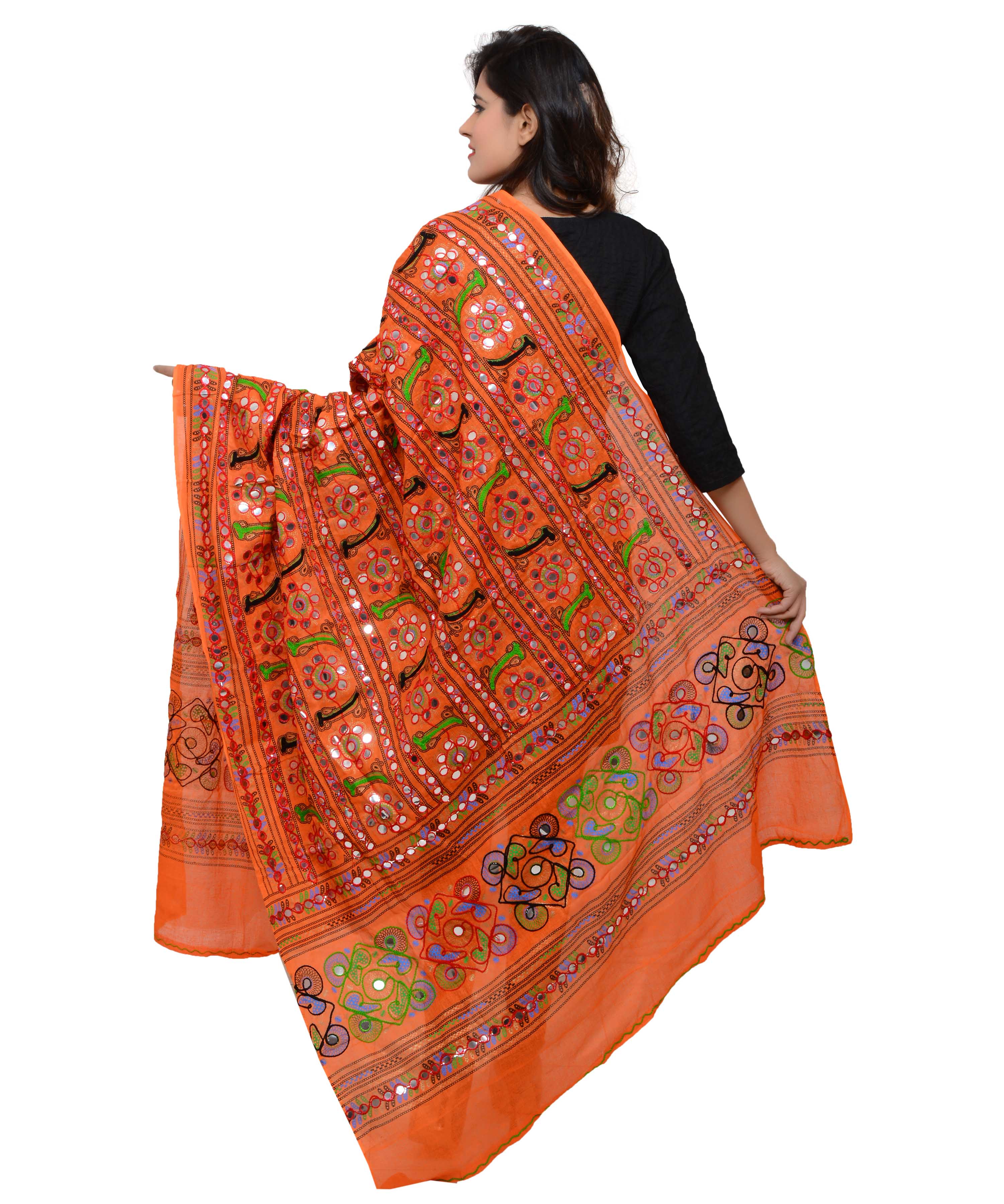 Banjara India Women's Pure Cotton Aari Embroidery & Foil Mirrors Dupatta (Bharchak VIP) Tangy Orange - VIP11 - Banjara India