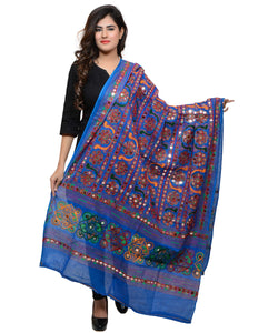 Banjara India Women's Pure Cotton Aari Embroidery & Foil Mirrors Dupatta (Bharchak VIP) Blue - VIP12 - Banjara India