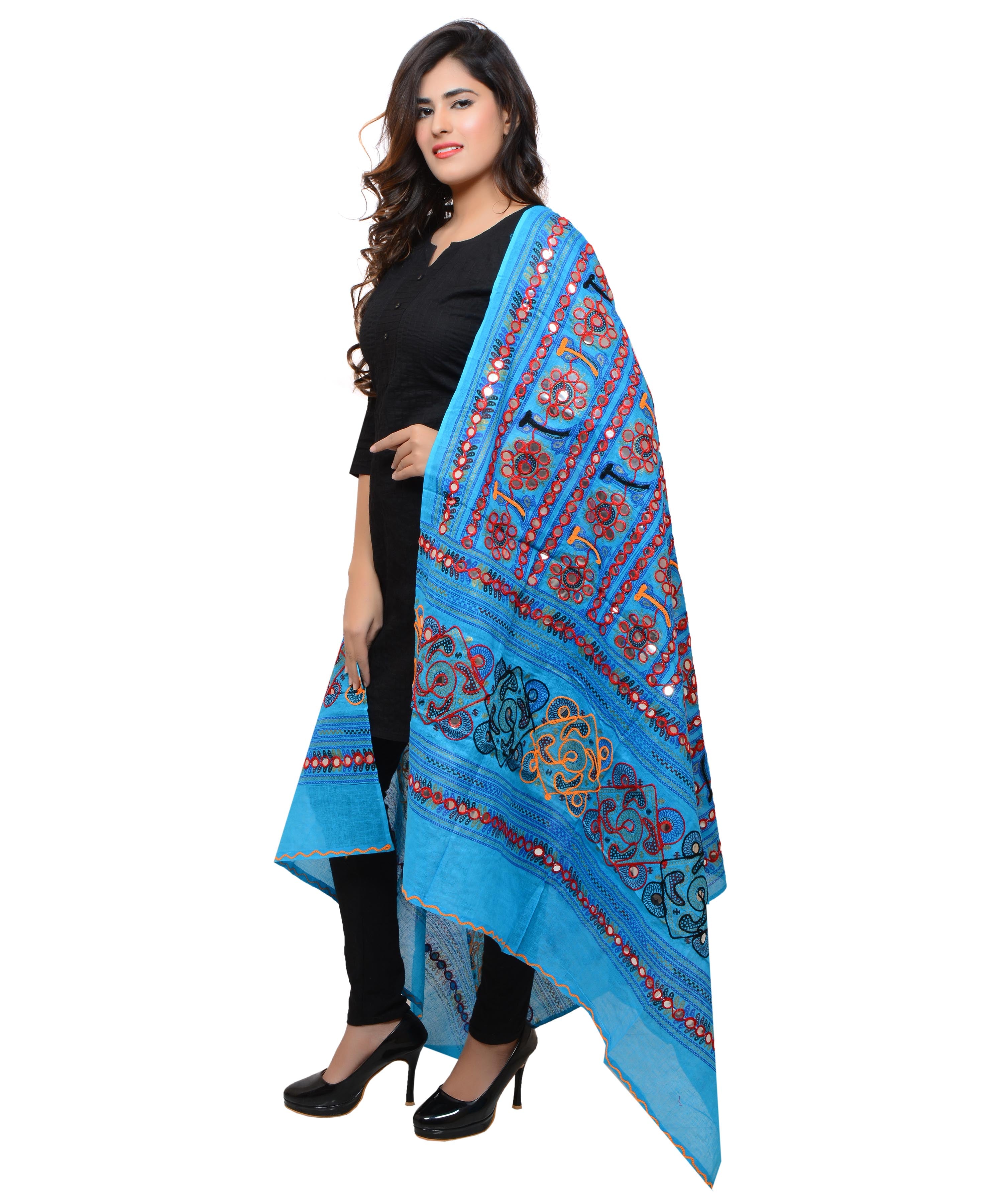 Banjara India Women's Pure Cotton Aari Embroidery & Foil Mirrors Dupatta (Bharchak VIP) Turquoise - VIP13 - Banjara India