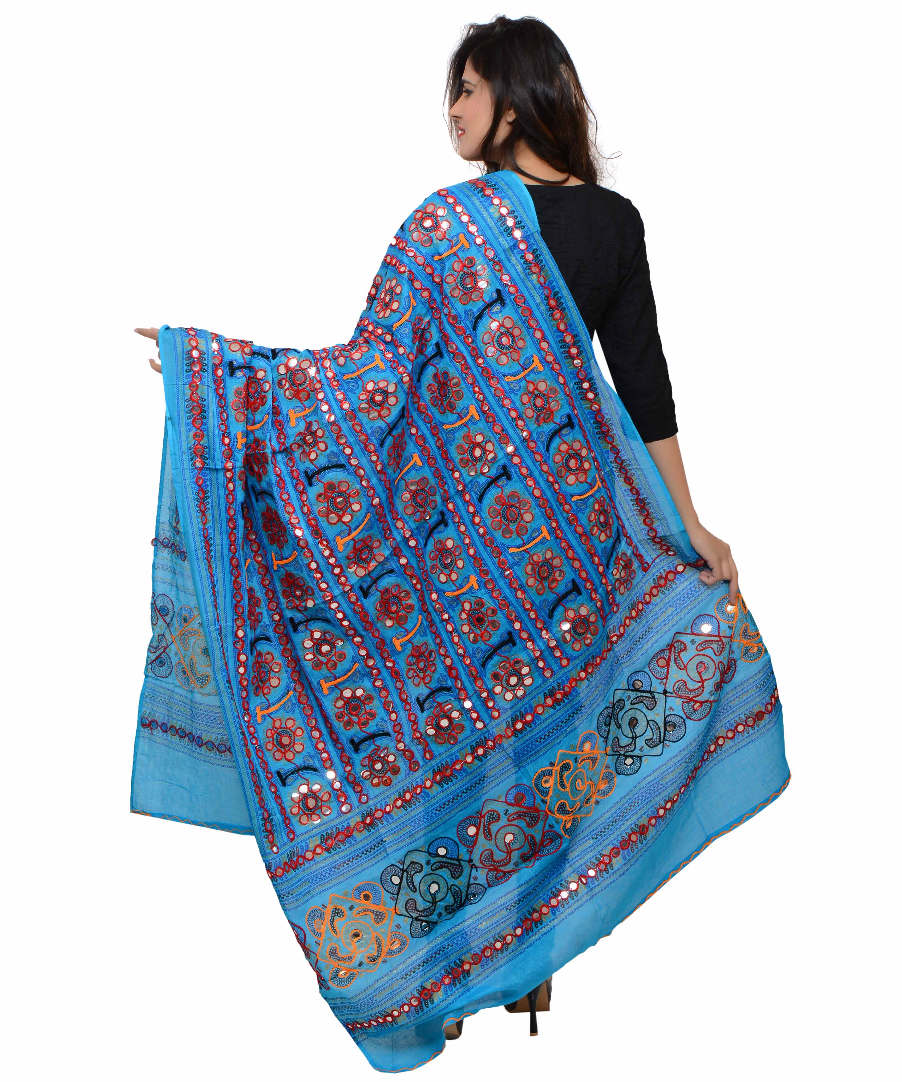 Banjara India Women's Pure Cotton Aari Embroidery & Foil Mirrors Dupatta (Bharchak VIP) Turquoise - VIP13 - Banjara India