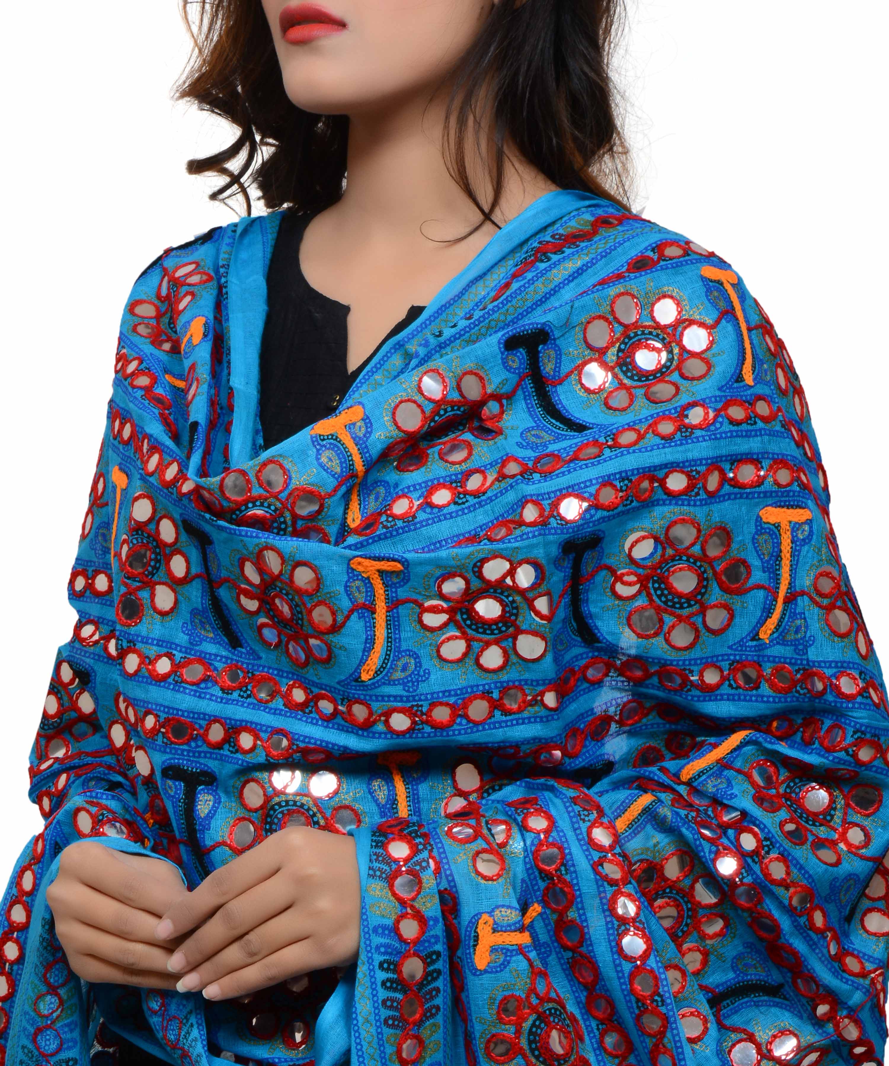 Banjara India Women's Pure Cotton Aari Embroidery & Foil Mirrors Dupatta (Bharchak VIP) Turquoise - VIP13 - Banjara India