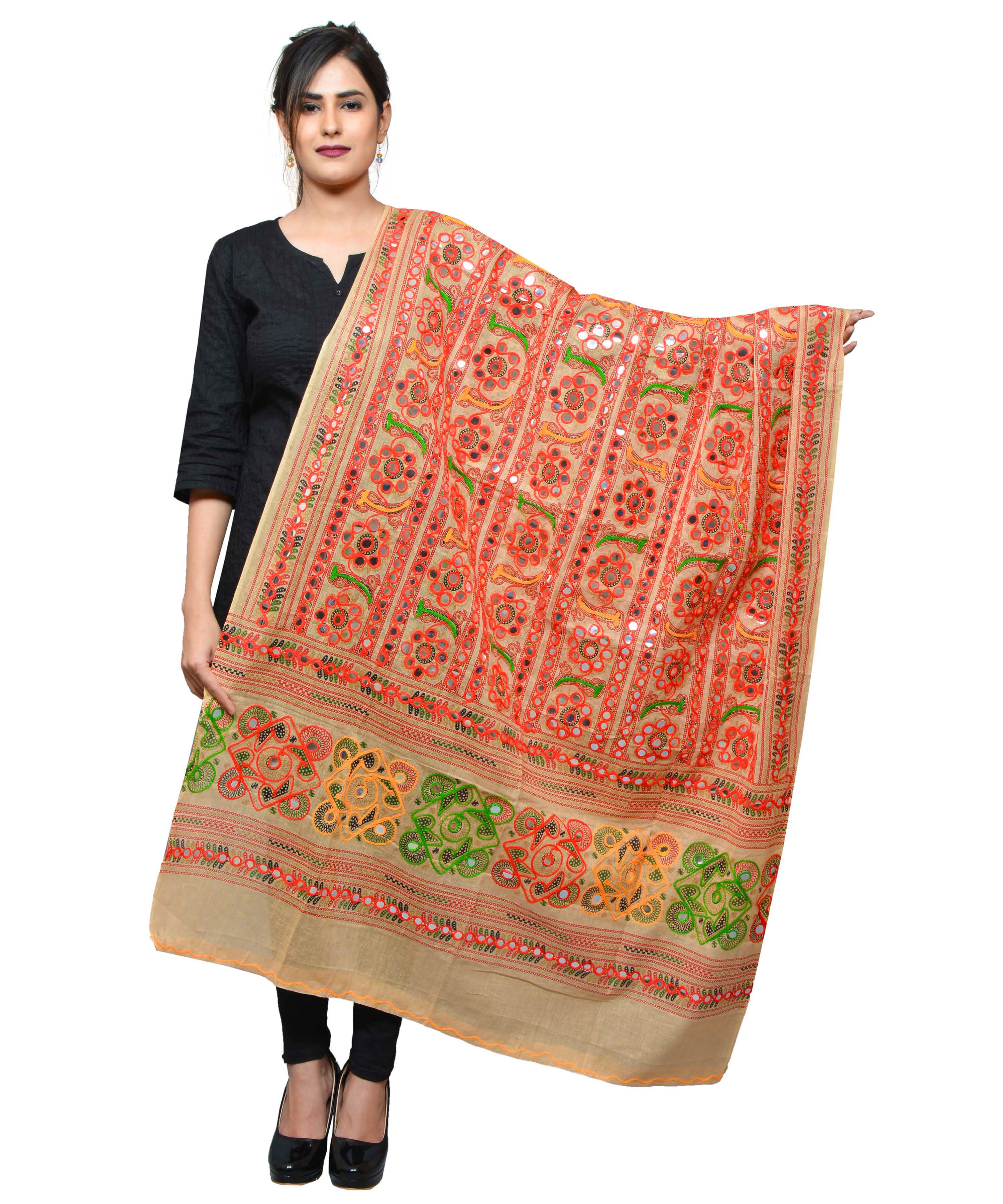 Banjara India Women's Pure Cotton Aari Embroidery & Foil Mirrors Dupatta (Bharchak VIP) Beige - VIP14 - Banjara India