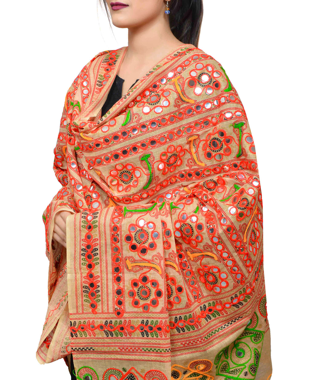 Banjara India Women's Pure Cotton Aari Embroidery & Foil Mirrors Dupatta (Bharchak VIP) Beige - VIP14 - Banjara India