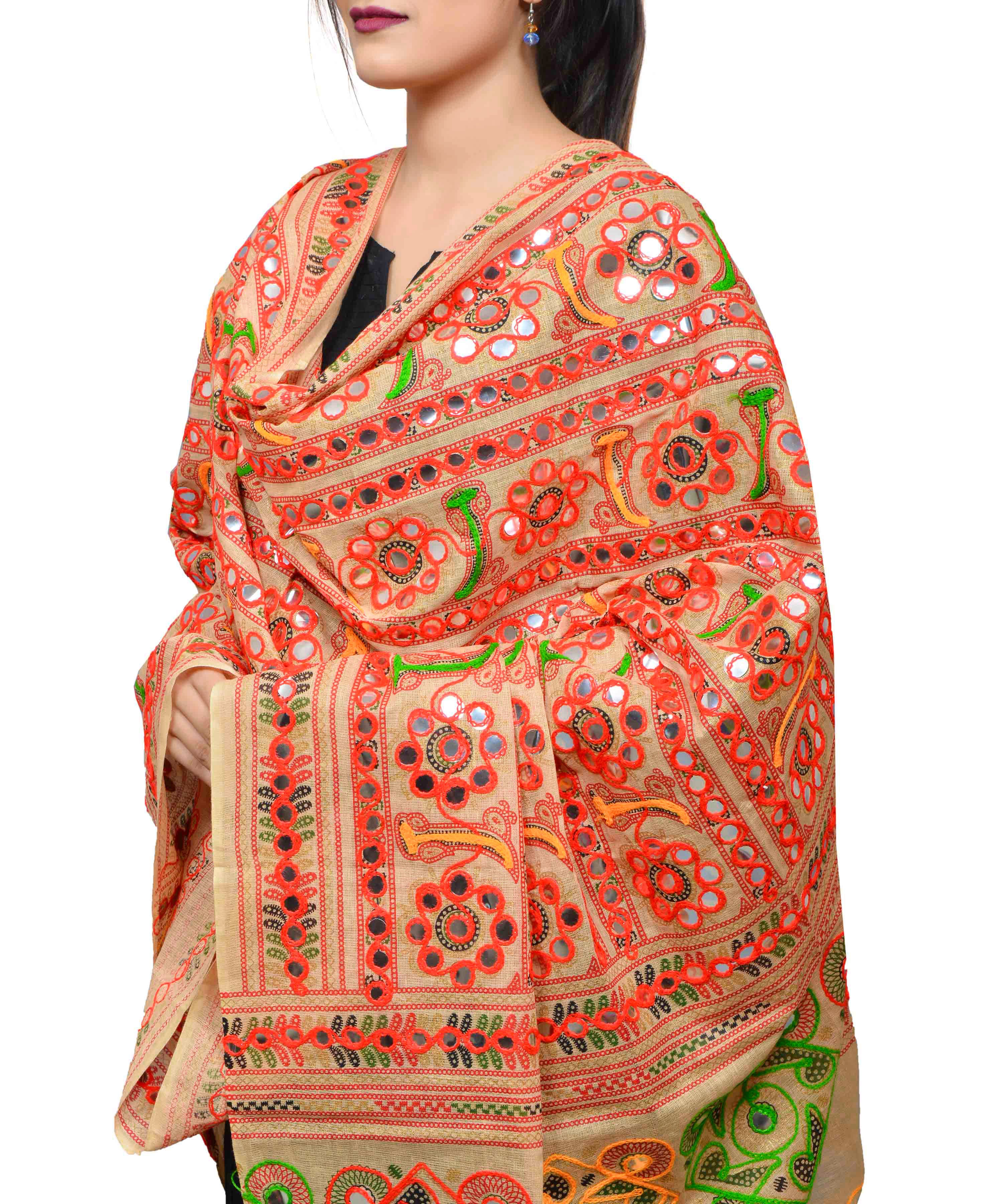 Banjara India Women's Pure Cotton Aari Embroidery & Foil Mirrors Dupatta (Bharchak VIP) Beige - VIP14 - Banjara India