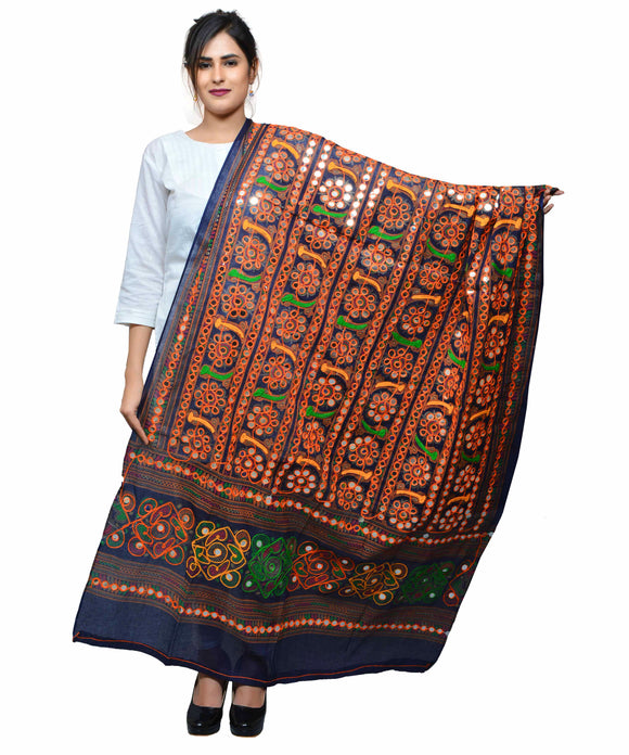 Banjara India Women's Pure Cotton Aari Embroidery & Foil Mirrors Dupatta (Bharchak VIP) Dark Blue - VIP15 - Banjara India