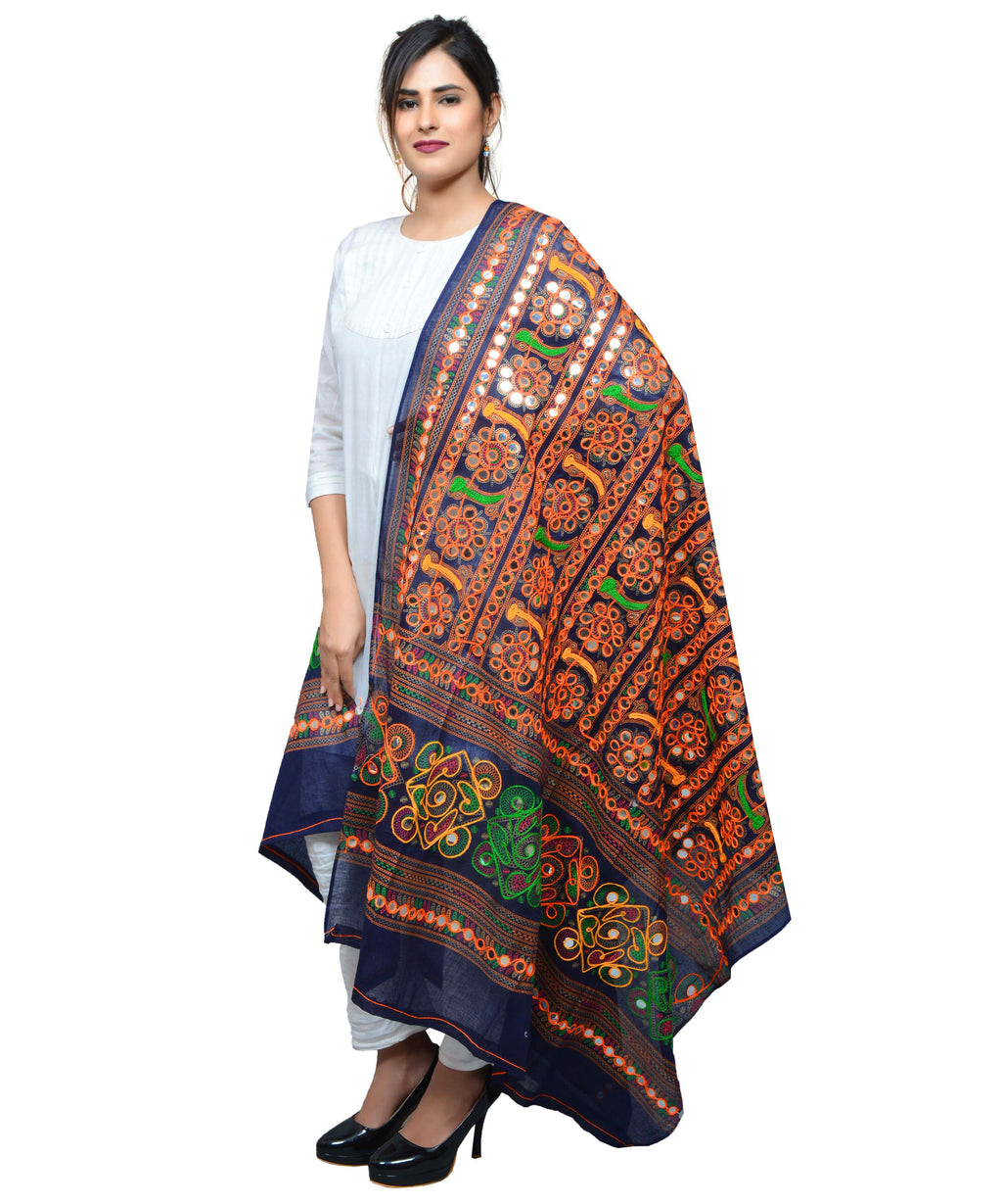 Banjara India Women's Pure Cotton Aari Embroidery & Foil Mirrors Dupatta (Bharchak VIP) Dark Blue - VIP15 - Banjara India