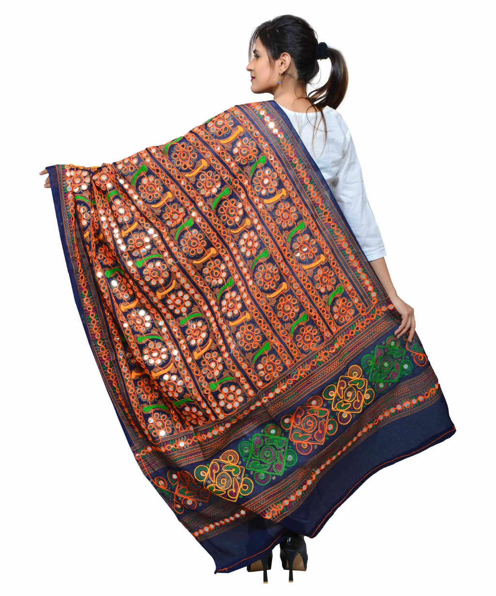 Banjara India Women's Pure Cotton Aari Embroidery & Foil Mirrors Dupatta (Bharchak VIP) Dark Blue - VIP15 - Banjara India