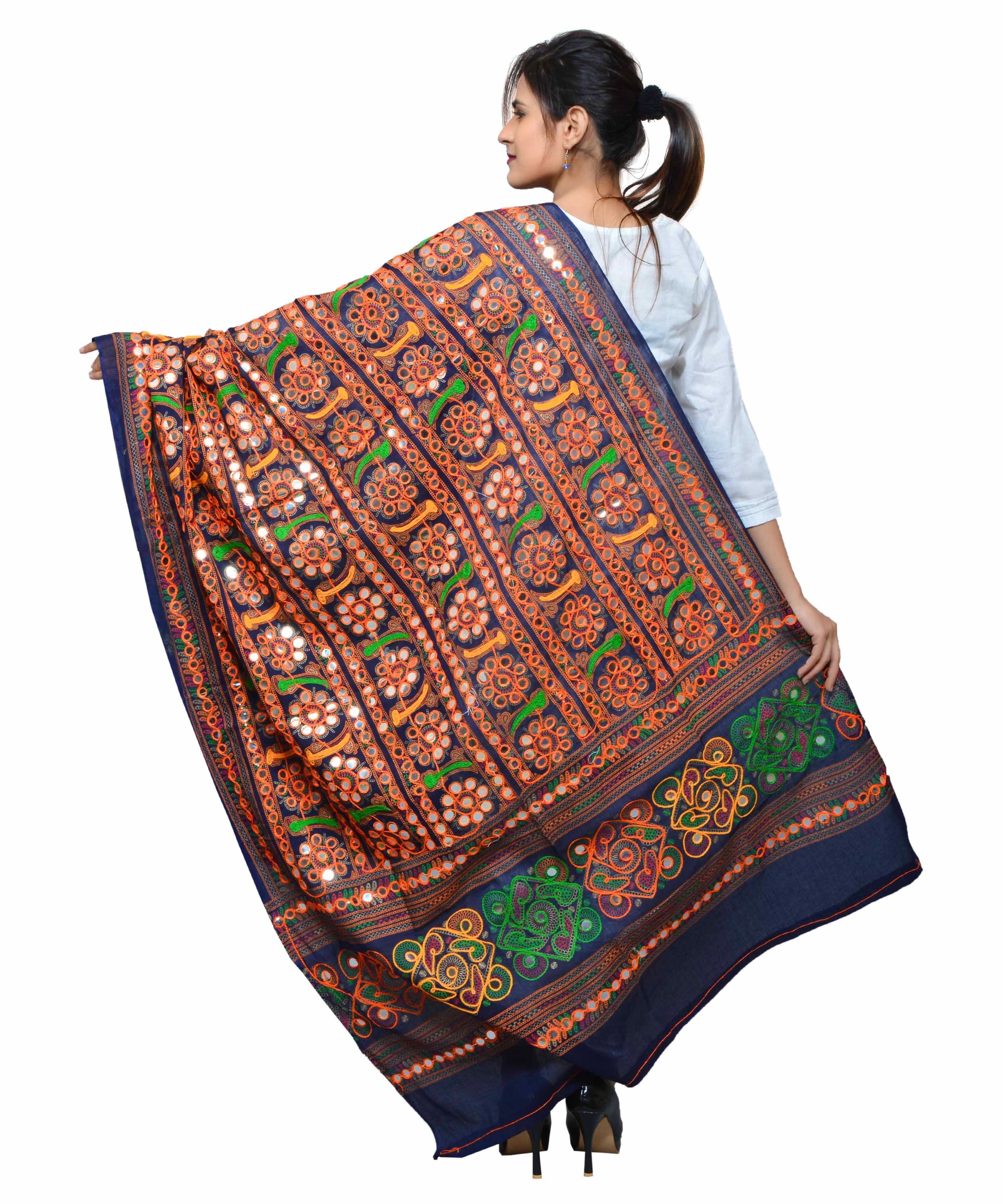 Banjara India Women's Pure Cotton Aari Embroidery & Foil Mirrors Dupatta (Bharchak VIP) Dark Blue - VIP15 - Banjara India