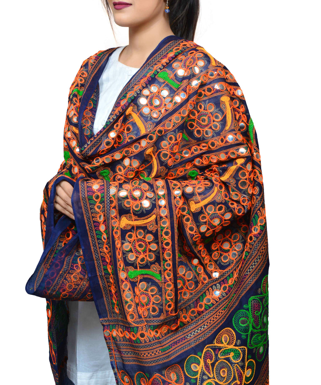Banjara India Women's Pure Cotton Aari Embroidery & Foil Mirrors Dupatta (Bharchak VIP) Dark Blue - VIP15 - Banjara India