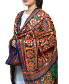 Banjara India Women's Pure Cotton Aari Embroidery & Foil Mirrors Dupatta (Bharchak VIP) Dark Blue - VIP15 - Banjara India