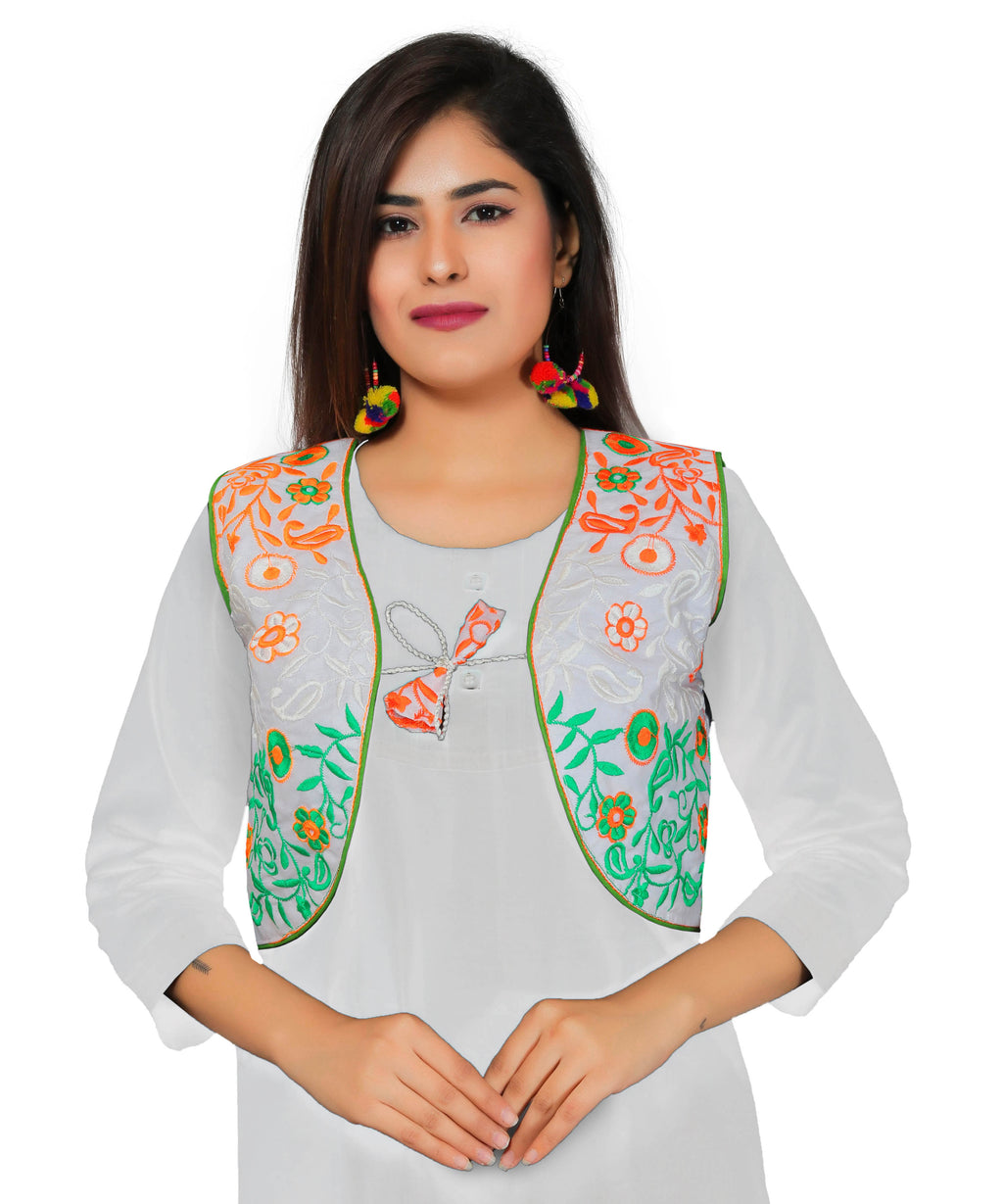 Poly Cotton Embroidered Kutchi Short Length Jacket/Koti - Tiranga