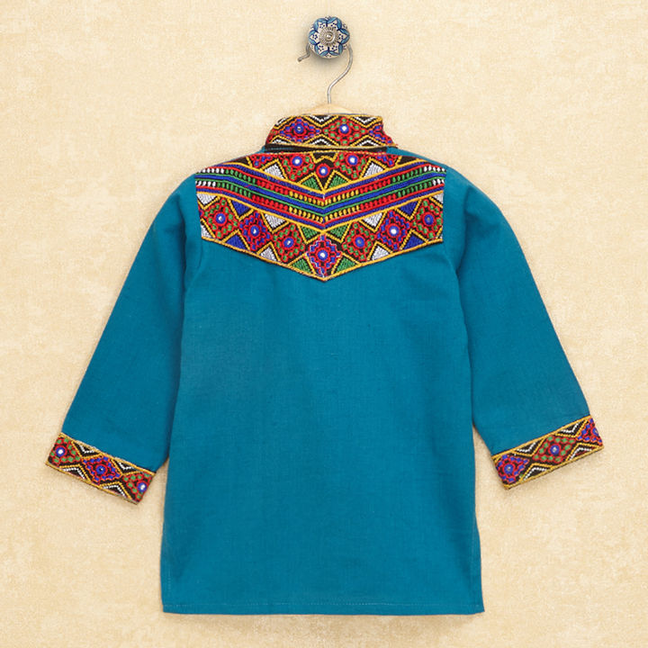 Kutchi EmboideTurquoise Kurta Pajama for Boys - Turquoise