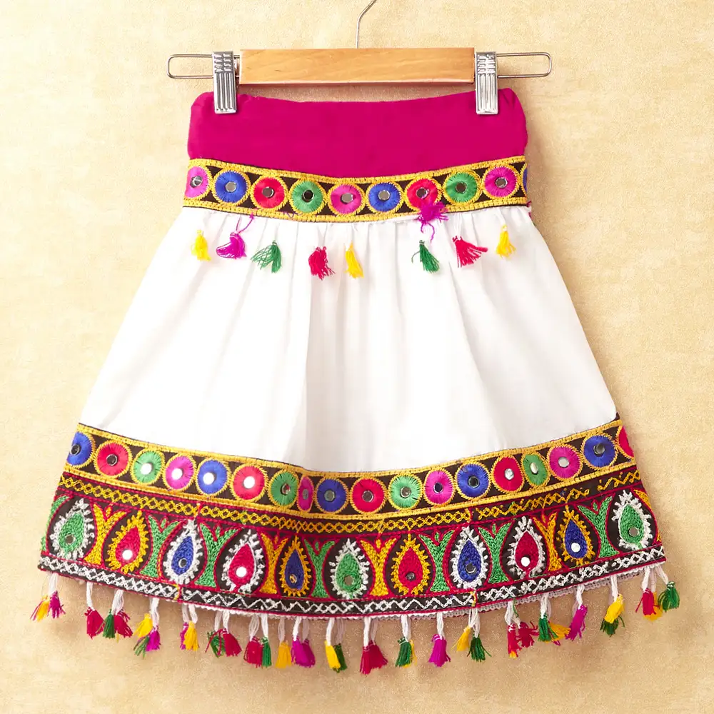 Banjara India Kutchi Emboidered Orange Girls Chaniya Choli with Dupatta (CC-DROP) - WHITE