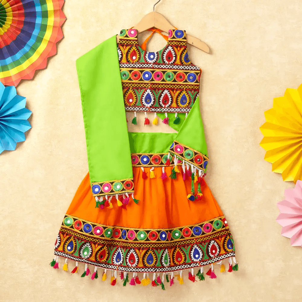 Banjara India Kutchi Emboidered Red Girls Chaniya Choli with Dupatta (CC-DROP) - ORANGE