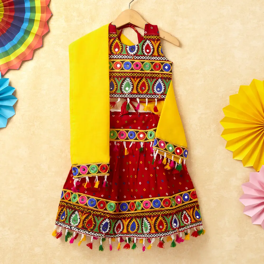 Banjara India Kutchi Emboidered White Girls Chaniya Choli with Dupatta (CC-POP) - Red