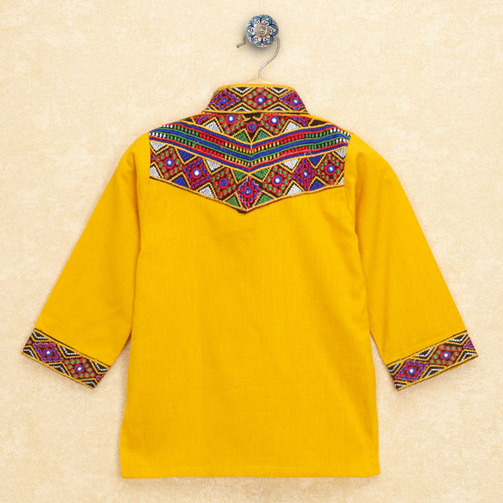 Kutchi EmboideYellow Kurta Pajama for Boys - Yellow