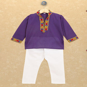 Kutchi Emboidered Kurta Pajama for Boys - Purple
