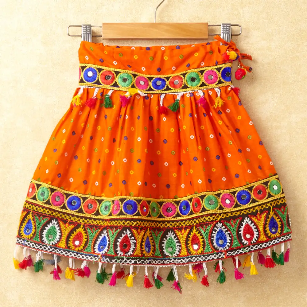 Banjara India Kutchi Emboidered Blue Girls Chaniya Choli with Dupatta (CC-POP) - Orange