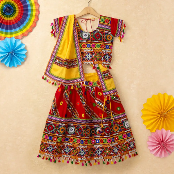 Banjara India Kutchi Emboidered Red Girls Chaniya Choli with Dupatta (CC-WAVE) - Red