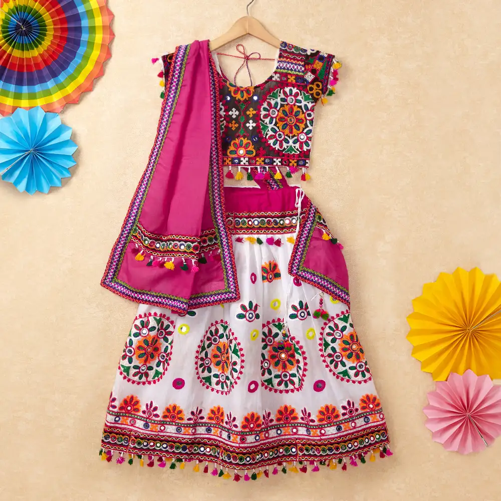 Banjara India Kutchi Emboidered White Girls Chaniya Choli with Dupatta (CC-RING) - WHITE