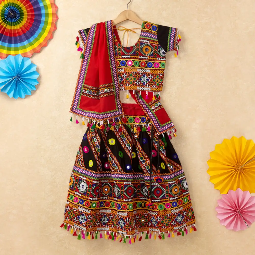 Banjara India Kutchi Emboidered Black Girls Chaniya Choli with Dupatta (CC-WAVE) - Black