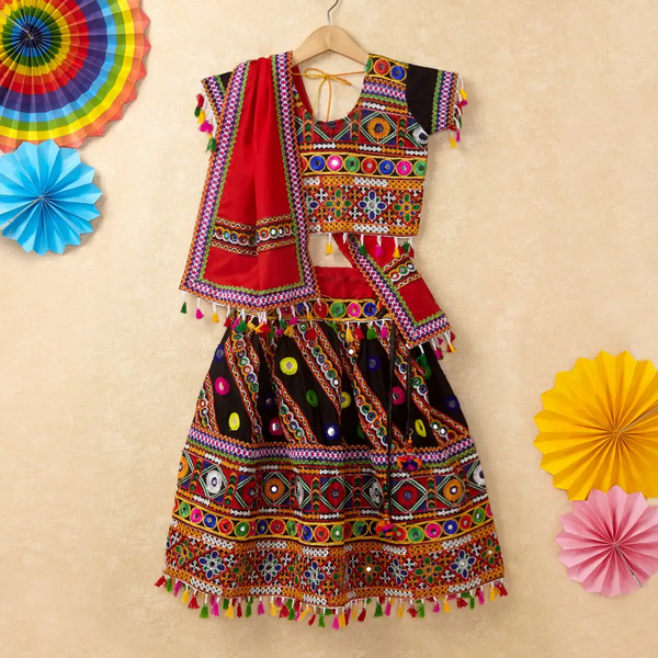 Banjara India Kutchi Emboidered Black Girls Chaniya Choli with Dupatta (CC-WAVE) - Black