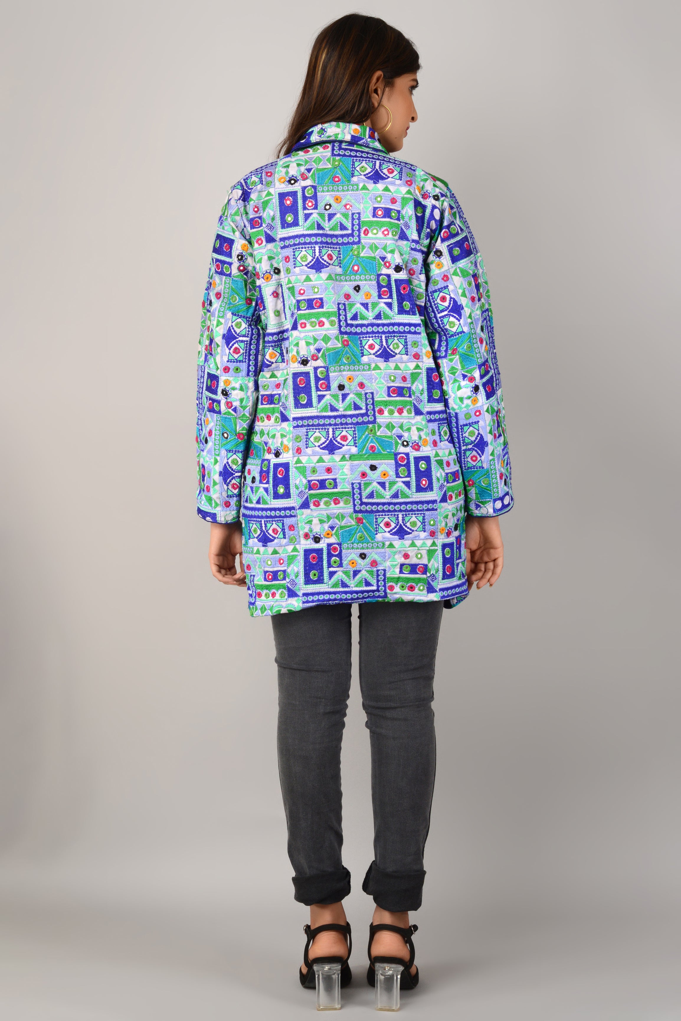 Pre-Order: Kutch Work Embroidered Long Boho Style Blazer White