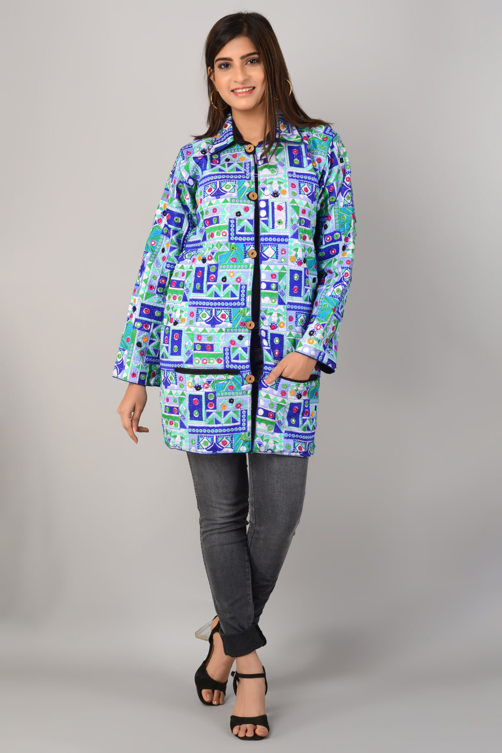 Pre-Order: Kutch Work Embroidered Long Boho Style Blazer White