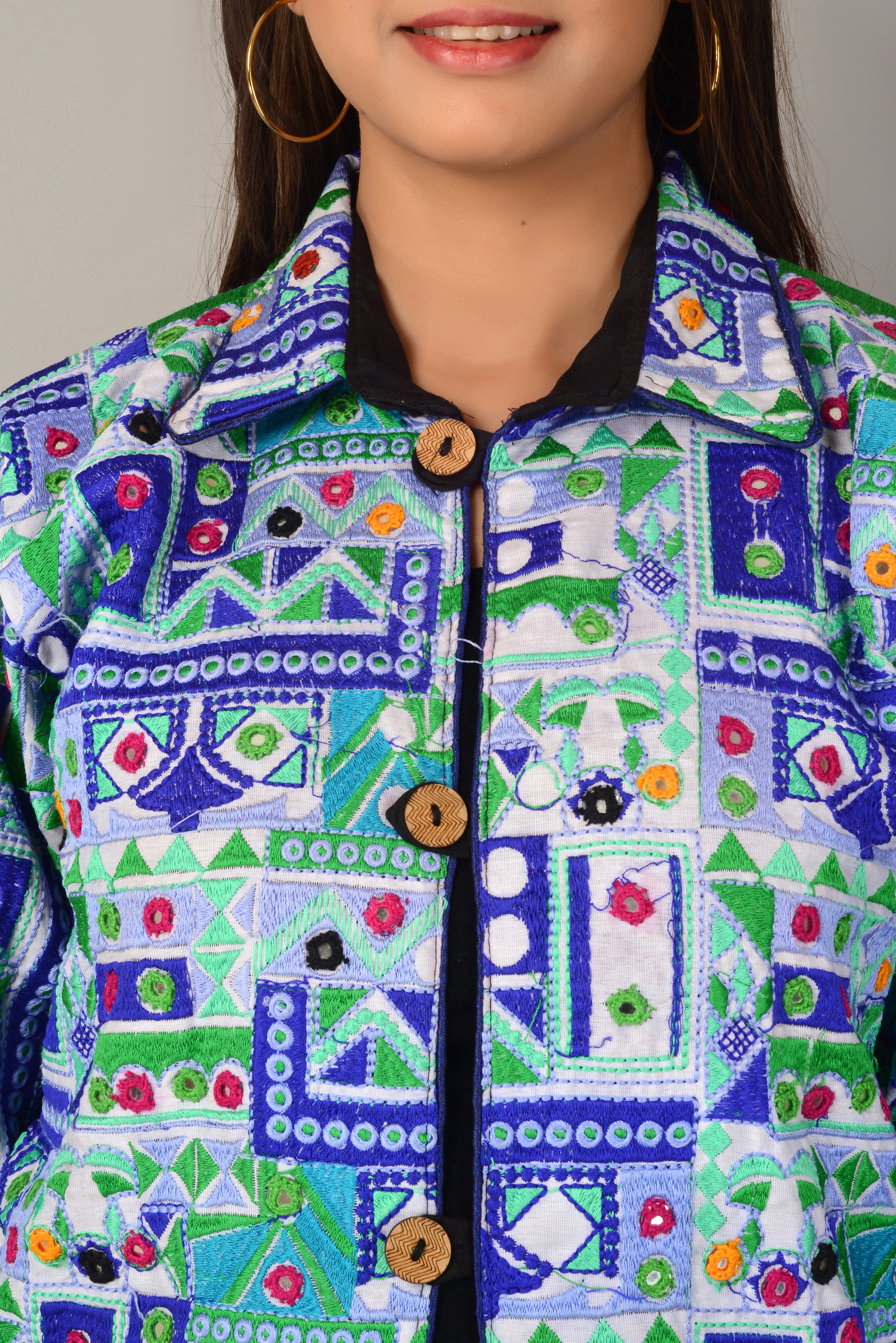 Pre-Order: Kutch Work Embroidered Long Boho Style Blazer White