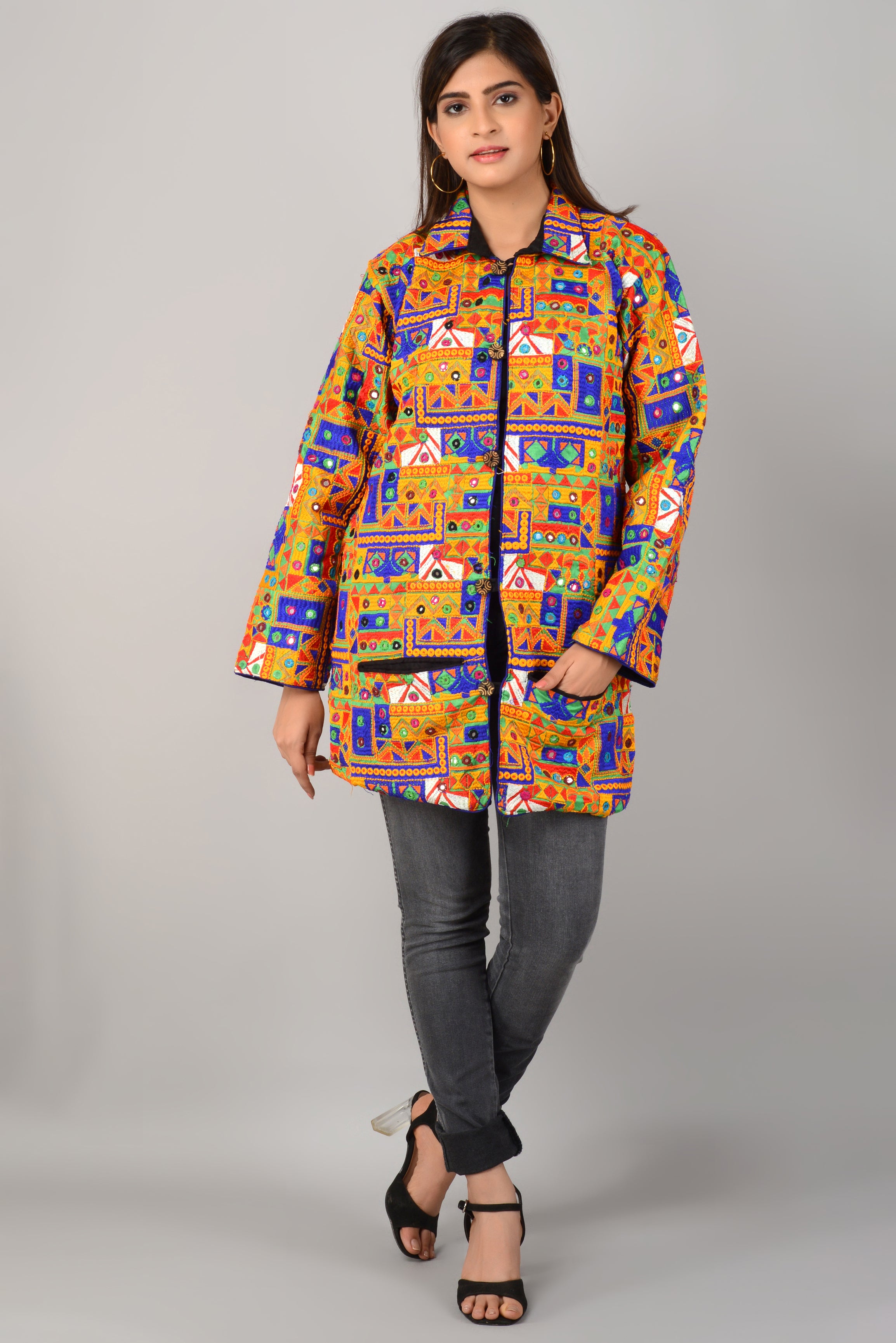 Pre-Order: Kutch Work Embroidered Long Boho Style Blazer - Green