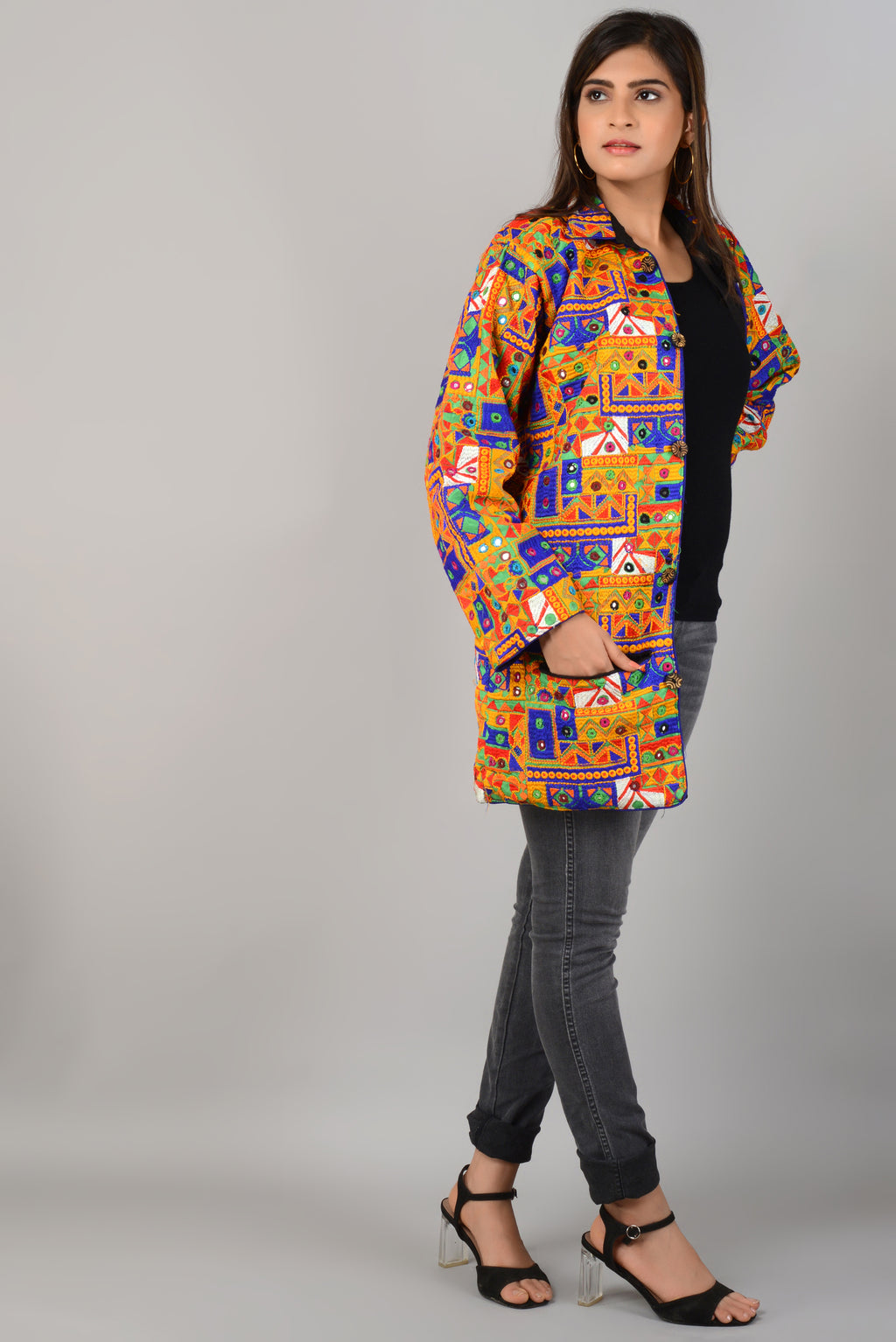 Pre-Order: Kutch Work Embroidered Long Boho Style Blazer - Green
