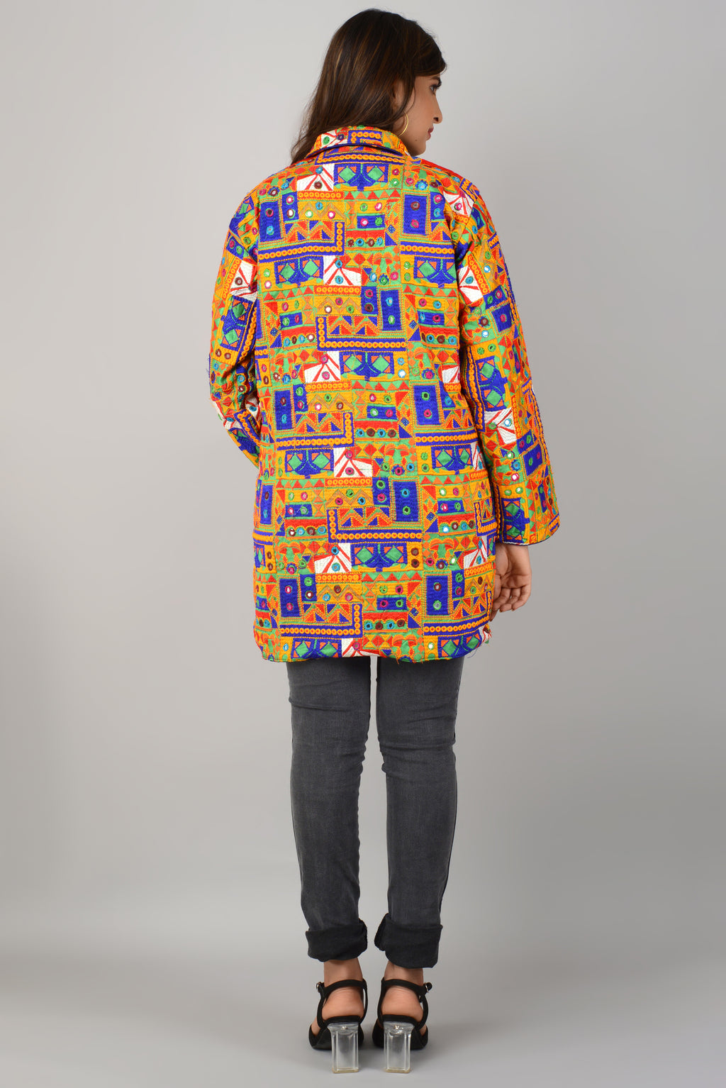 Pre-Order: Kutch Work Embroidered Long Boho Style Blazer - Green