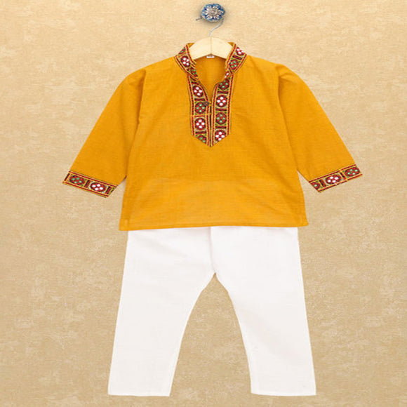 Kutchi Emboidered Kurta Pajama for Boys - Mustard