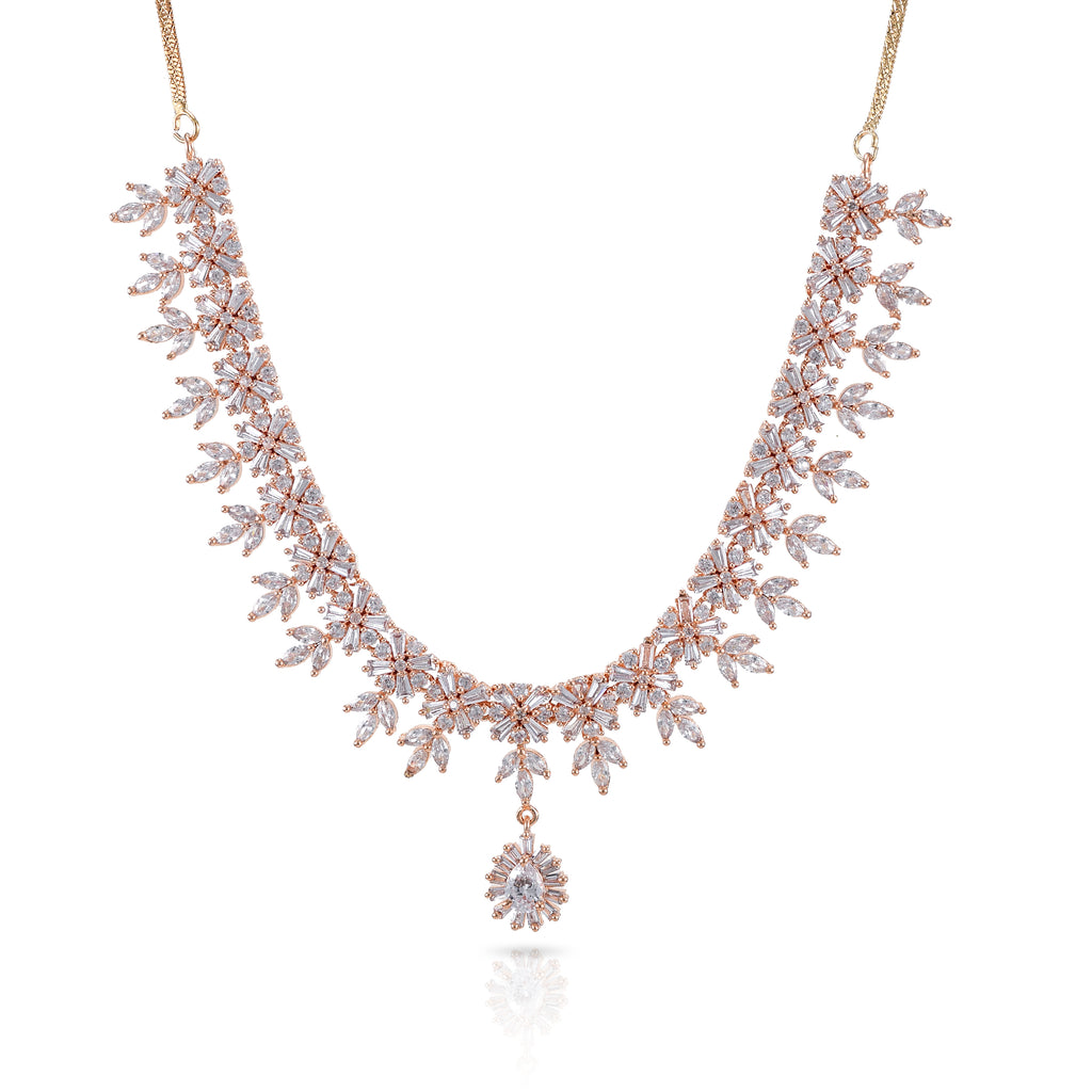 Charms Sparkling Rose Gold AD Jewellery Set with Earrings for Women/Girls (NECK-16)