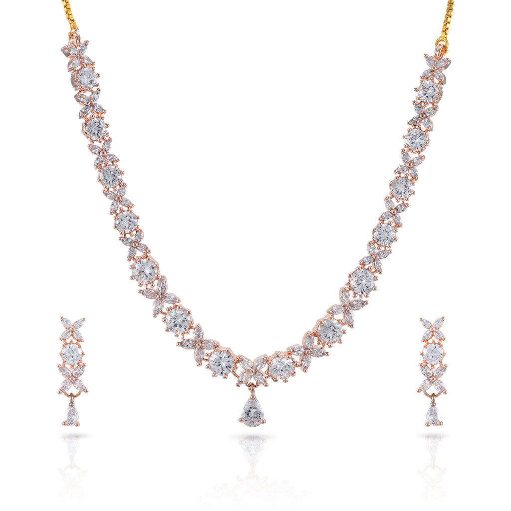 Charms Sparkling Rose Gold AD Jewellery Set with Earrings for Women (NECK-21)