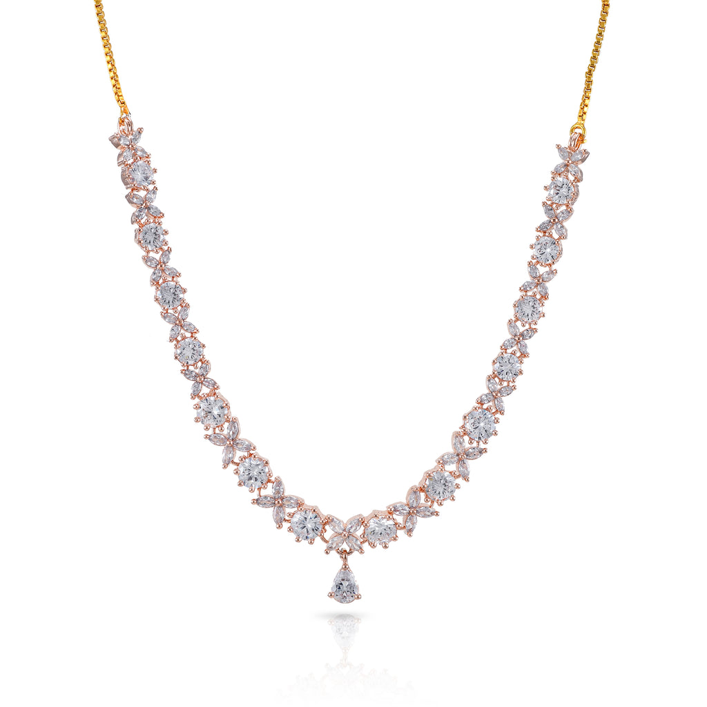 Charms Sparkling Rose Gold AD Jewellery Set with Earrings for Women (NECK-21)