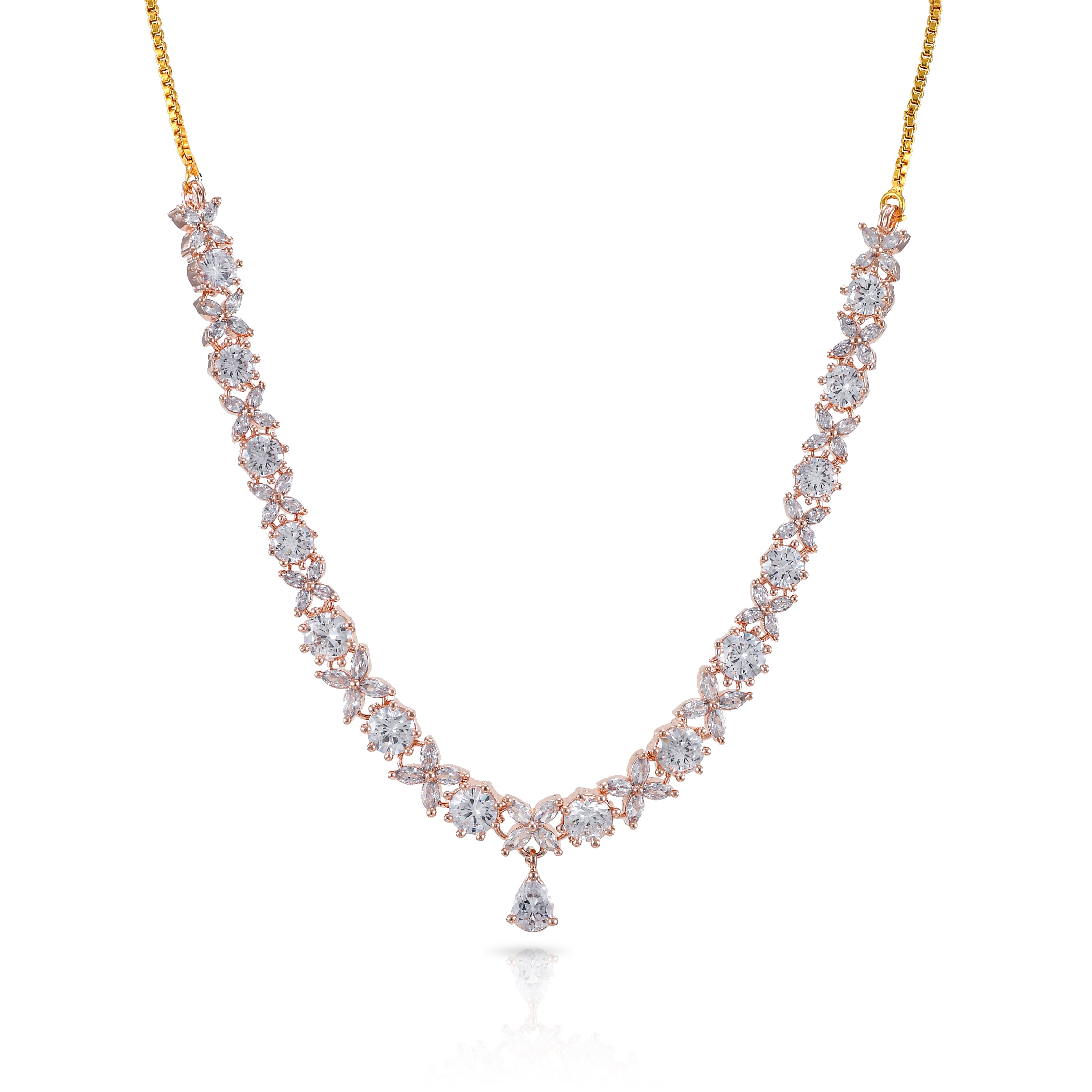 Charms Sparkling Rose Gold AD Jewellery Set with Earrings for Women (NECK-21)