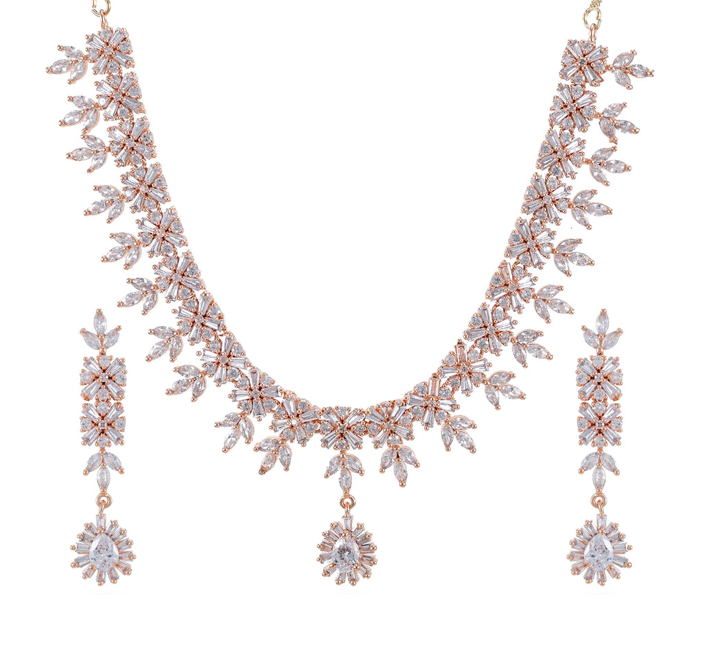 Charms Sparkling Rose Gold AD Jewellery Set with Earrings for Women/Girls (NECK-16)
