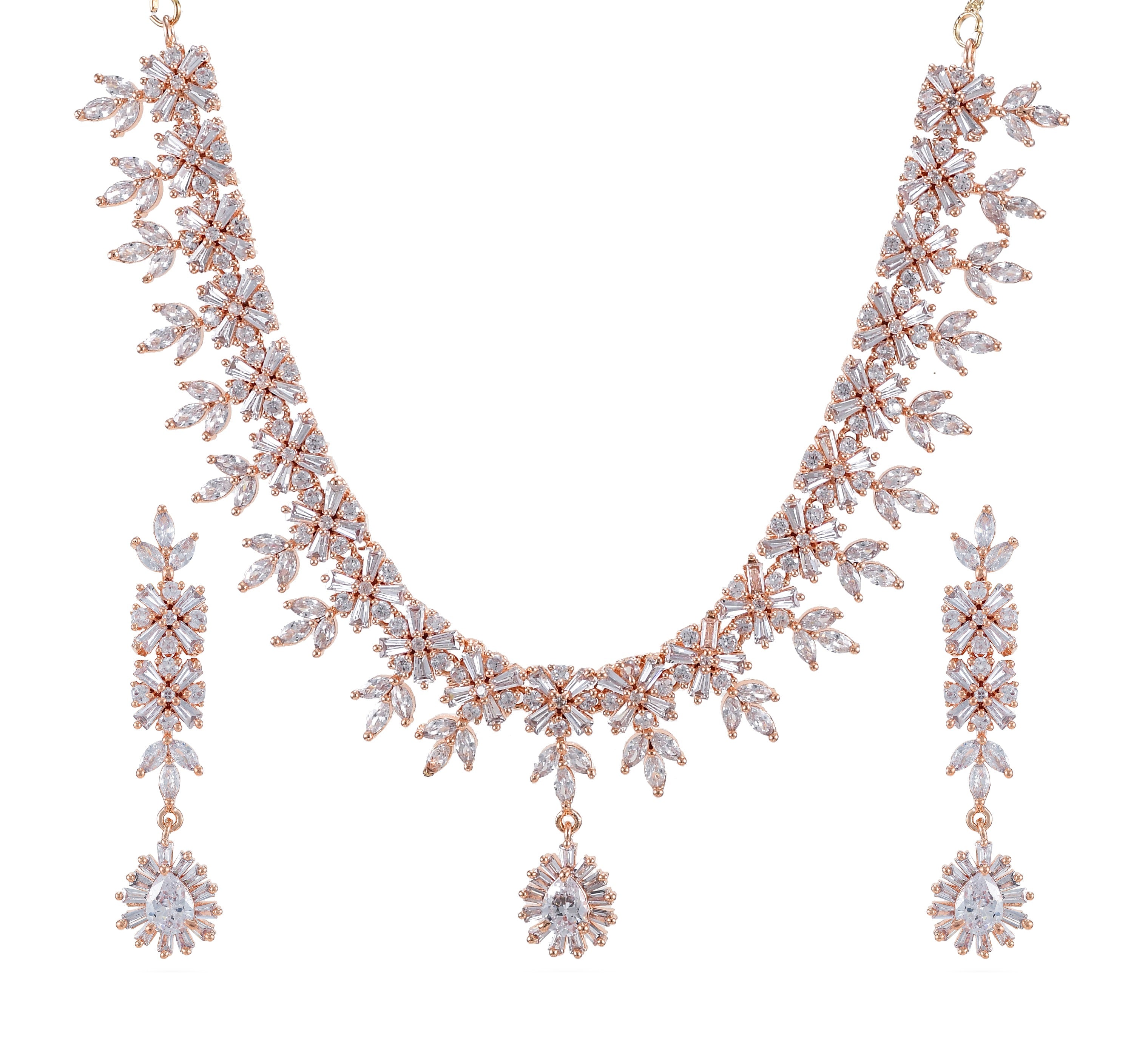 Charms Sparkling Rose Gold AD Jewellery Set with Earrings for Women/Girls (NECK-16)
