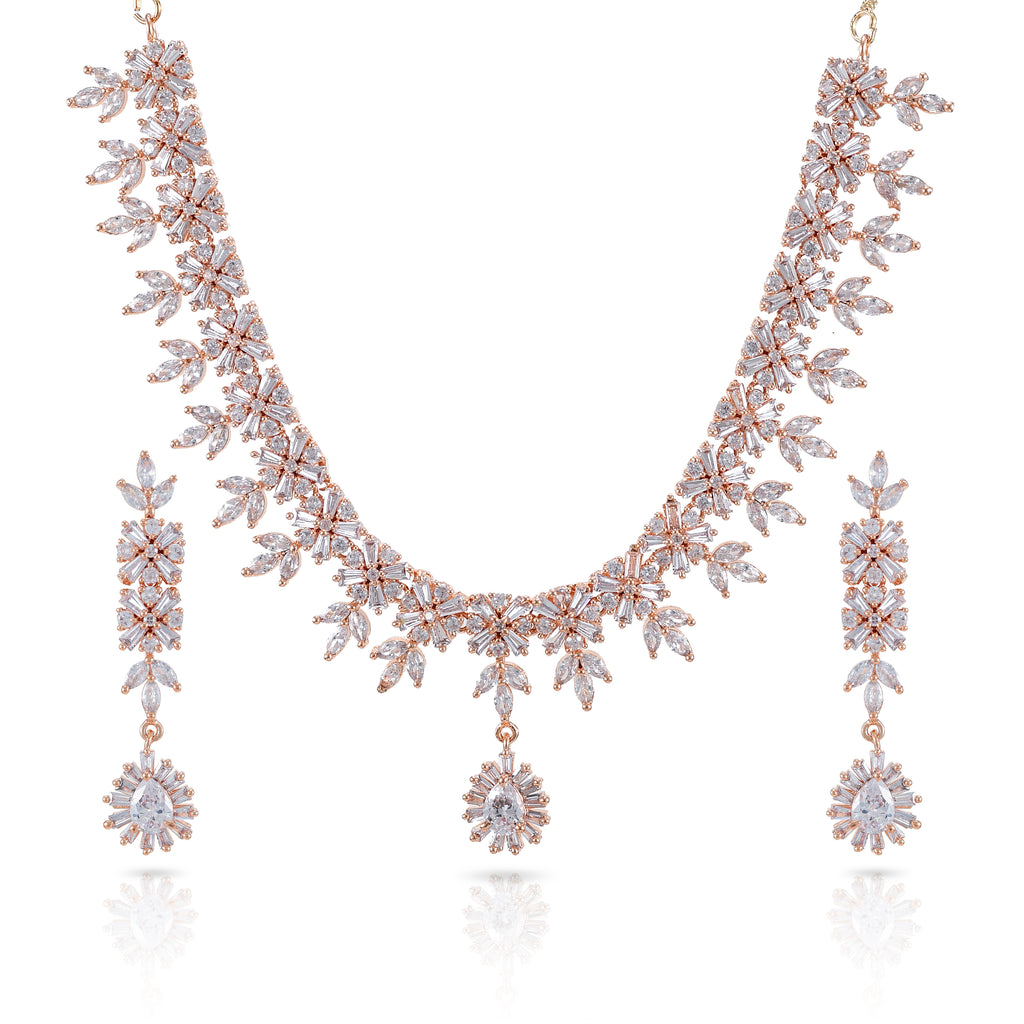 Charms Sparkling Rose Gold AD Jewellery Set with Earrings for Women/Girls (NECK-16)