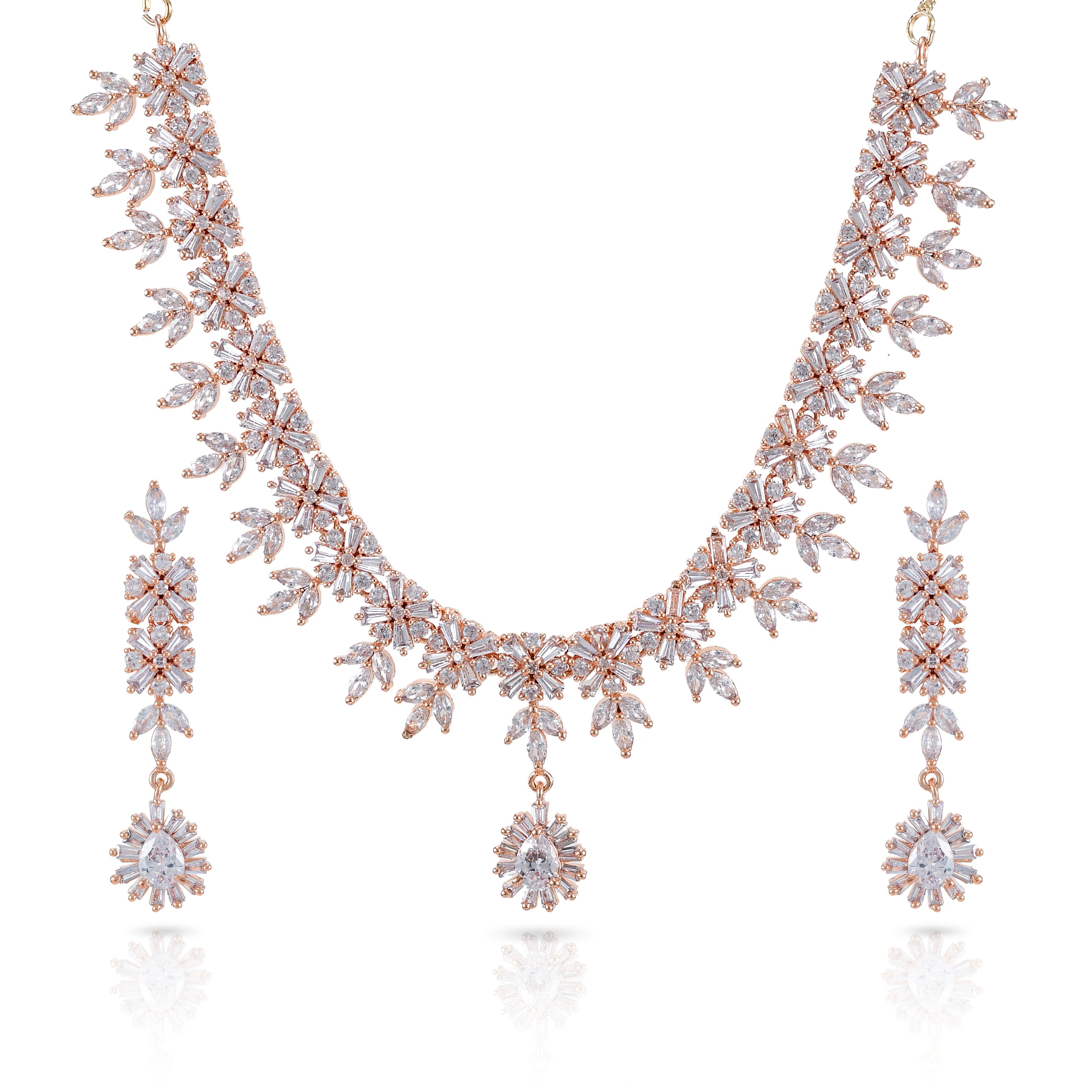 Charms Sparkling Rose Gold AD Jewellery Set with Earrings for Women/Girls (NECK-16)